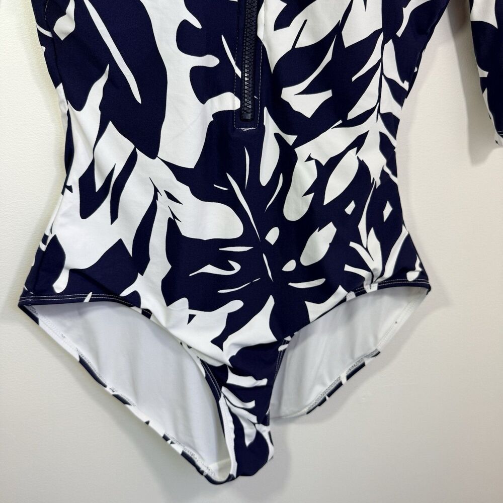 ANNE COLE Long Sleeve One-Piece Rash Guard Swimsuit Tropical Navy White Sz 8 - Picture 7 of 12